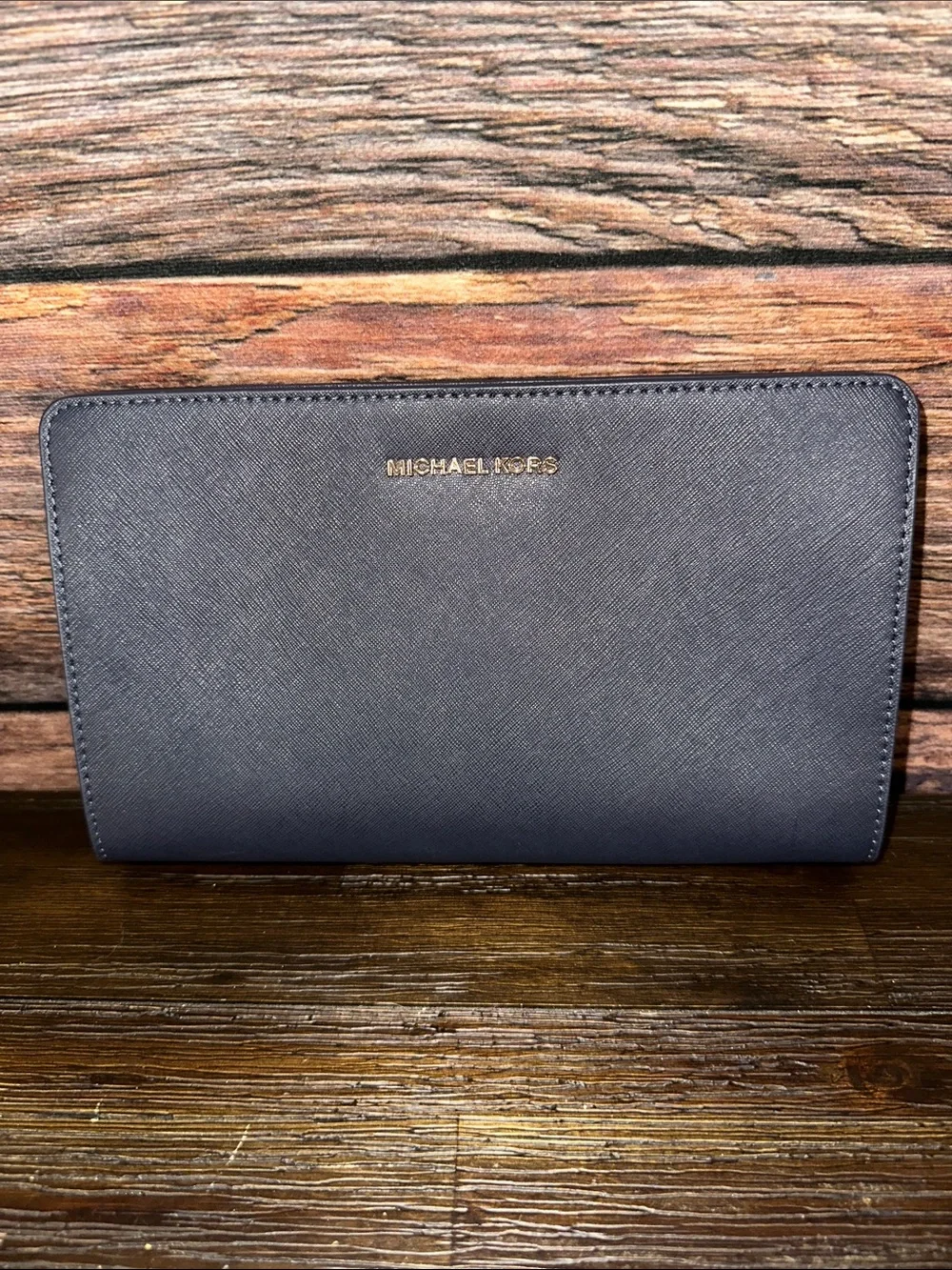 Michael Kors Navy Saffiano Zip-Around Clutch with Gold Logo